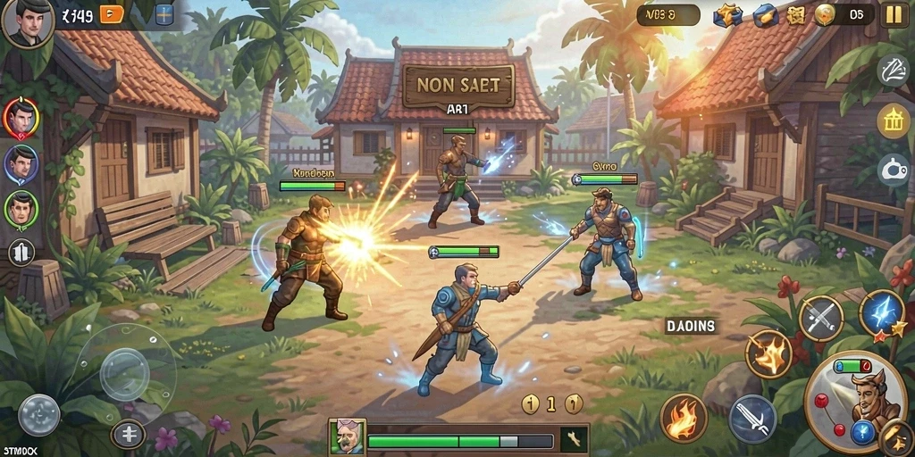 Screenshot menunjukkan karakter utama dalam pertempuran epik.