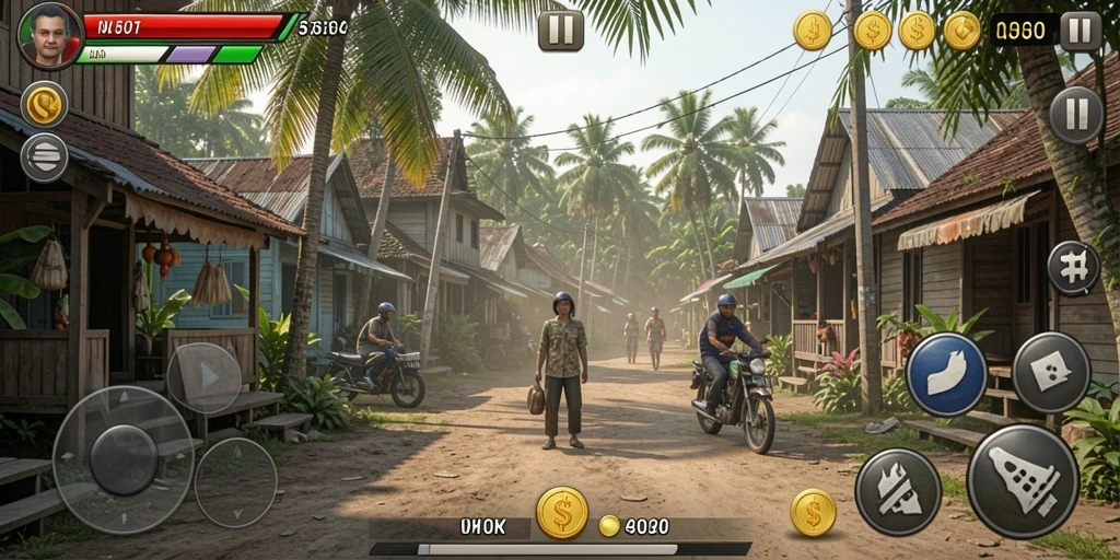 Screenshot menunjukkan karakter utama dalam posisi bertempur.